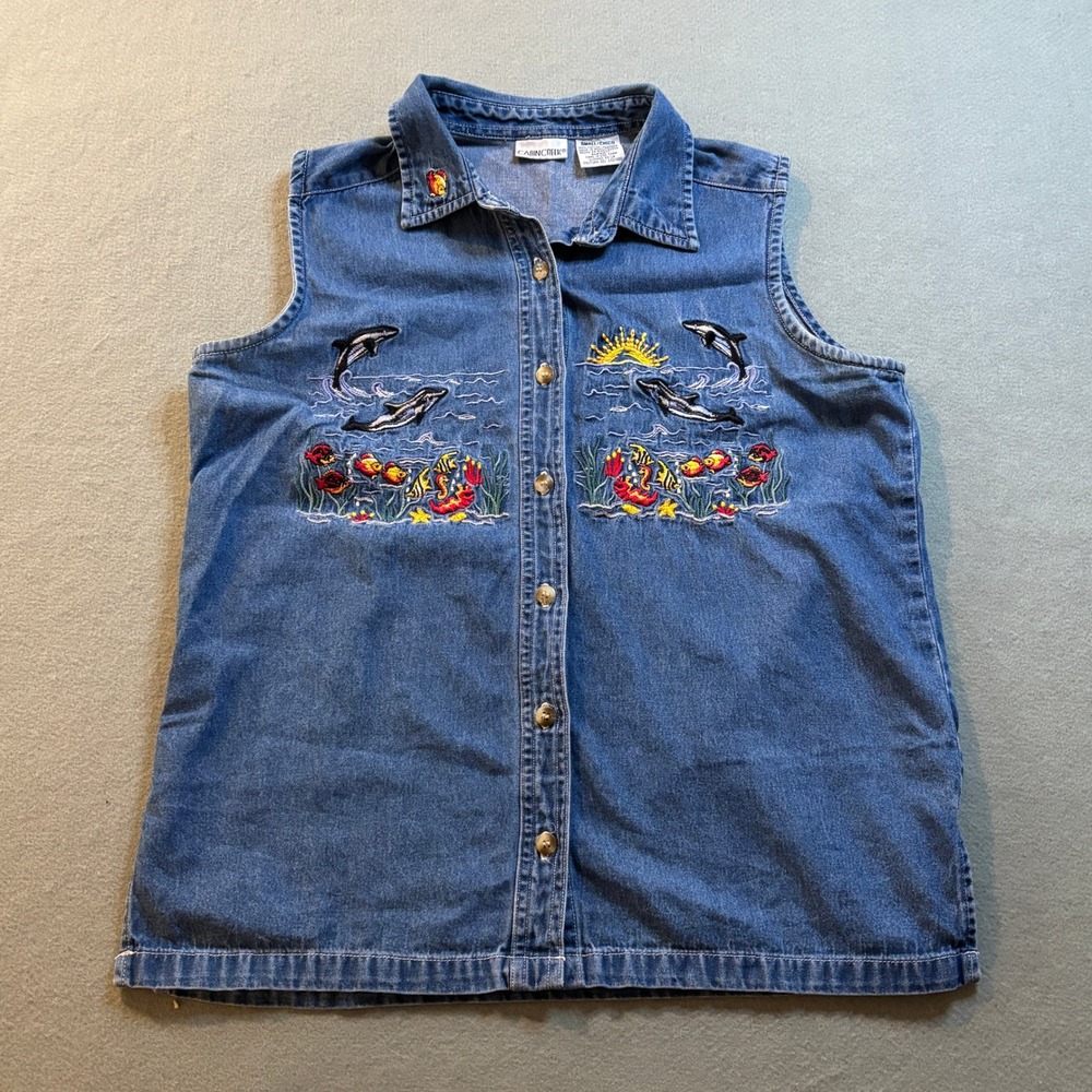 VTG Cabin Creek Denim Vest Womens S Blue Dolphin Ocean Embroidered Y2K Nautical